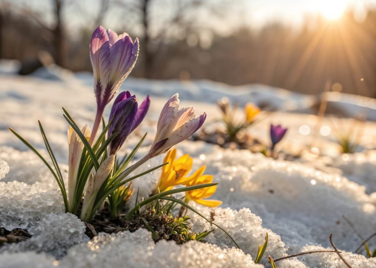 winter crocus blooming in snow representing hope, healing, and growth after trauma